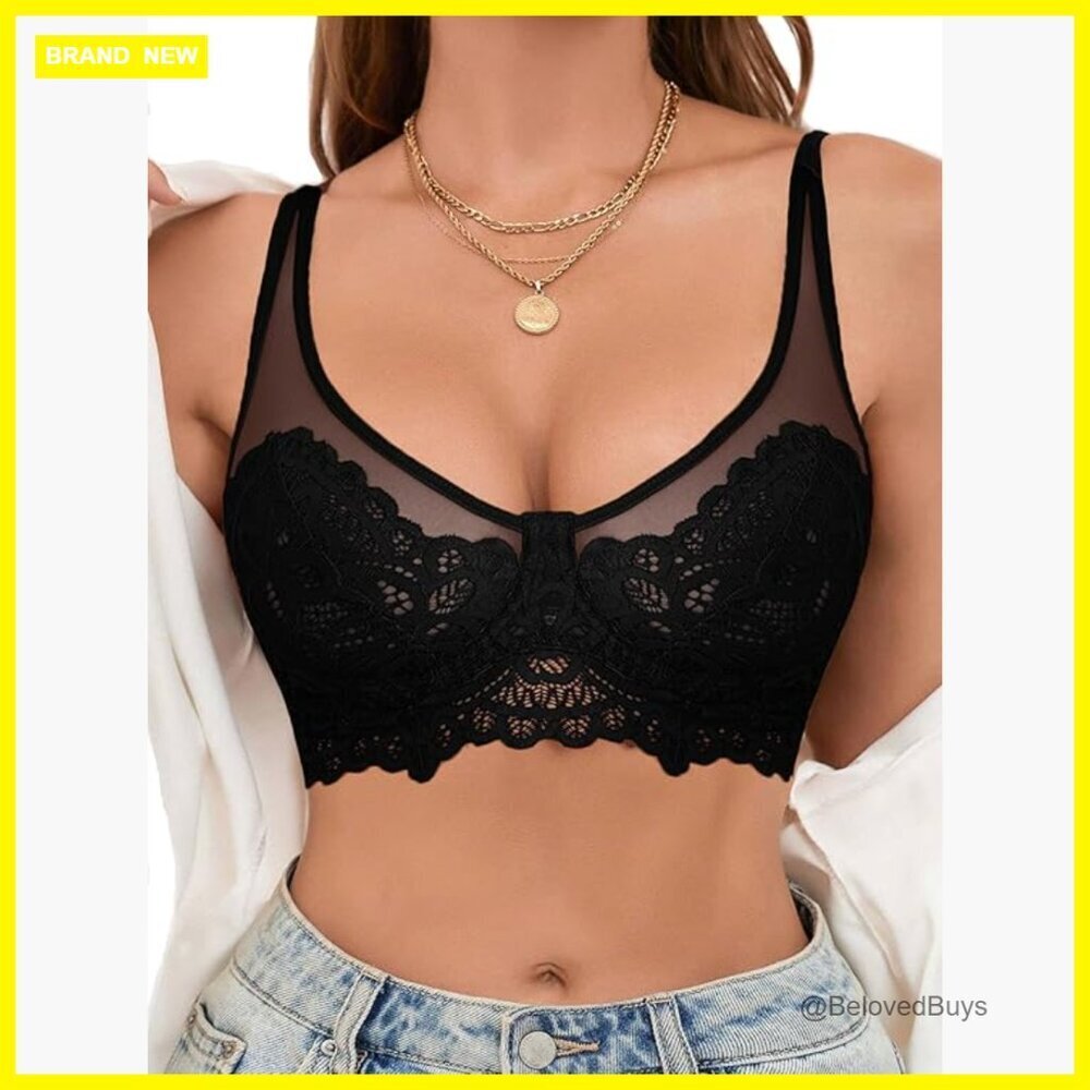 Lace Underwire Bralette Full Coverage Mesh T-Shirt Bra Light Support